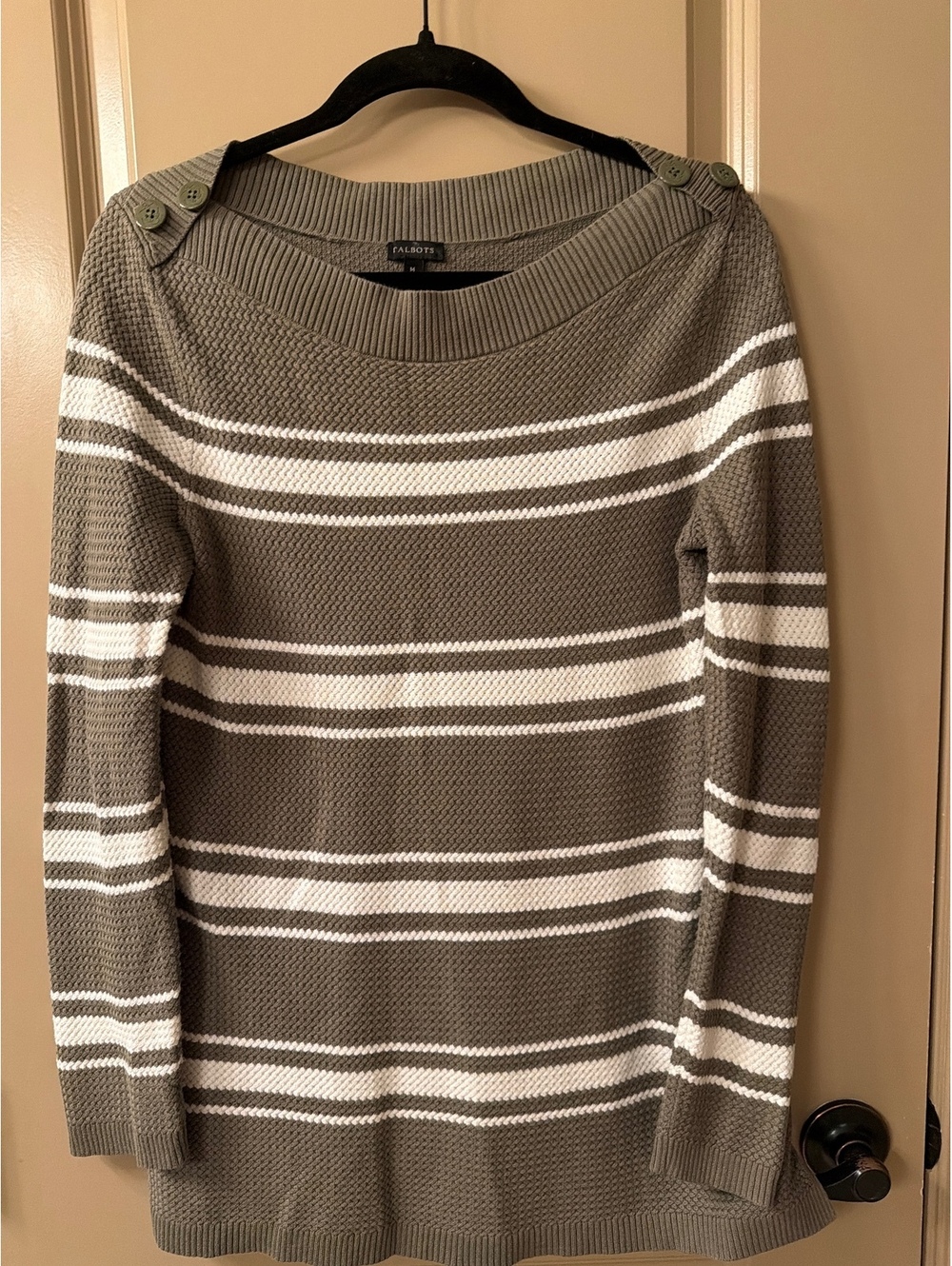 Talbots Medium Sage Green  and White Striped Button Shoulder Sweater